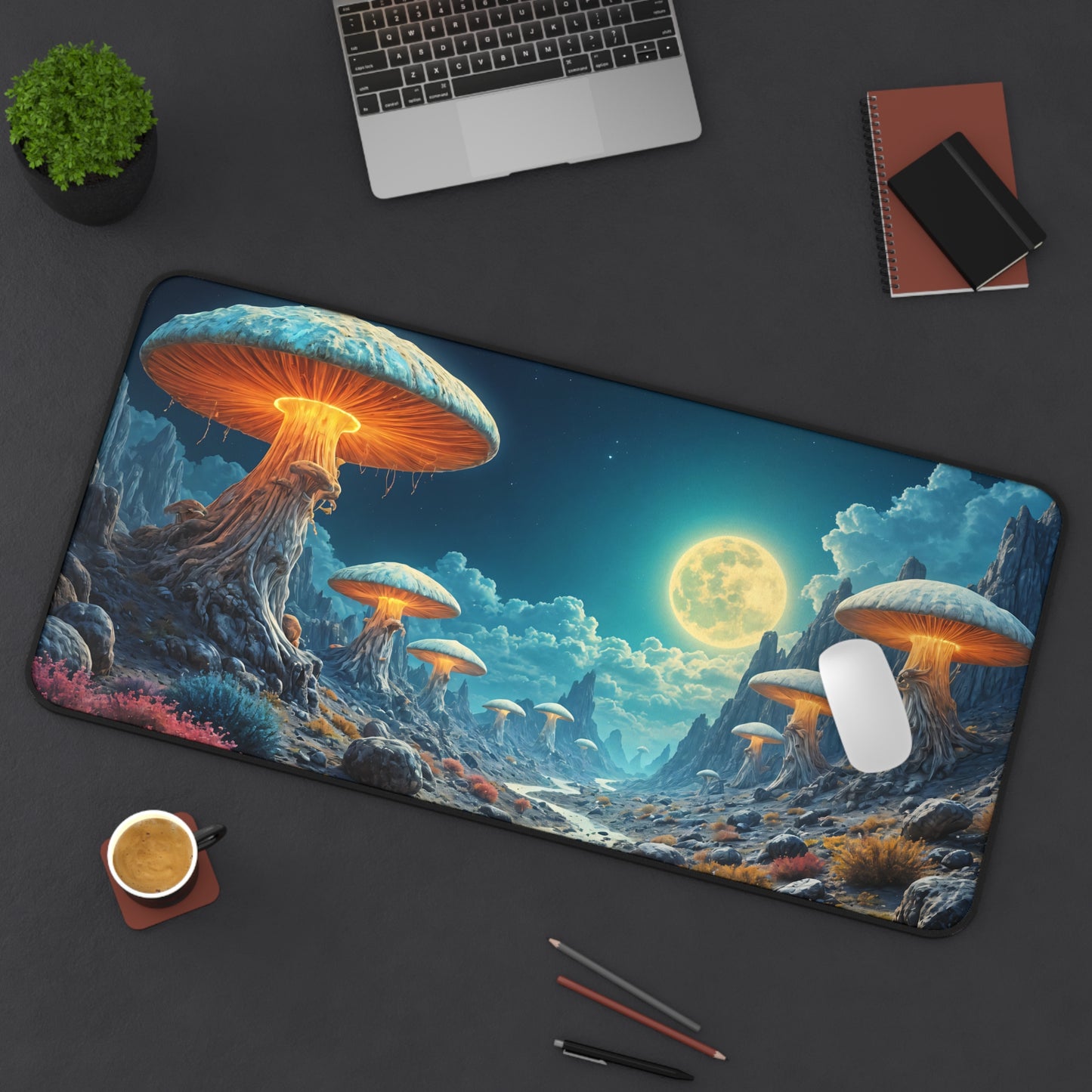 Mystical Moonlit Mushroom Desk Mat - 31.5x15.5 Inch Neoprene Gaming and Office Mat