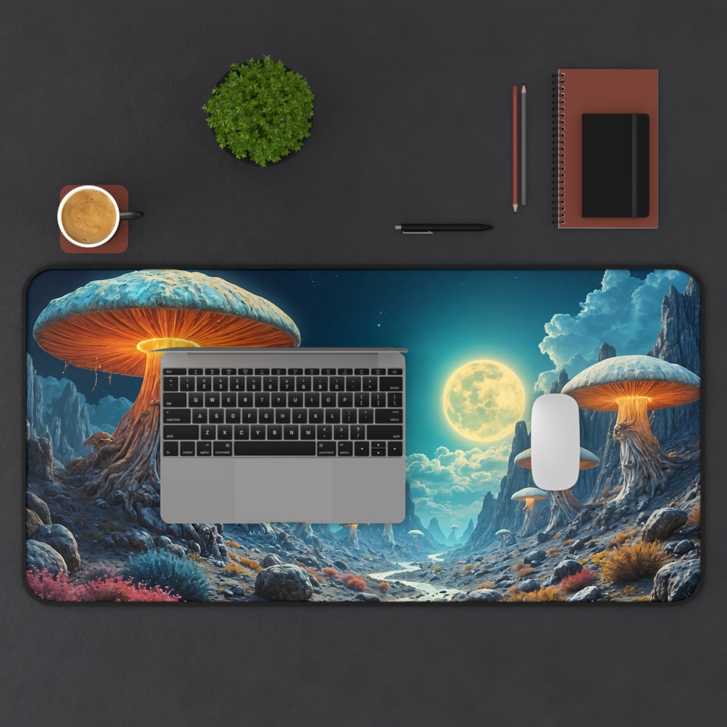 Mystical Moonlit Mushroom Desk Mat - 31.5x15.5 Inch Neoprene Gaming and Office Mat