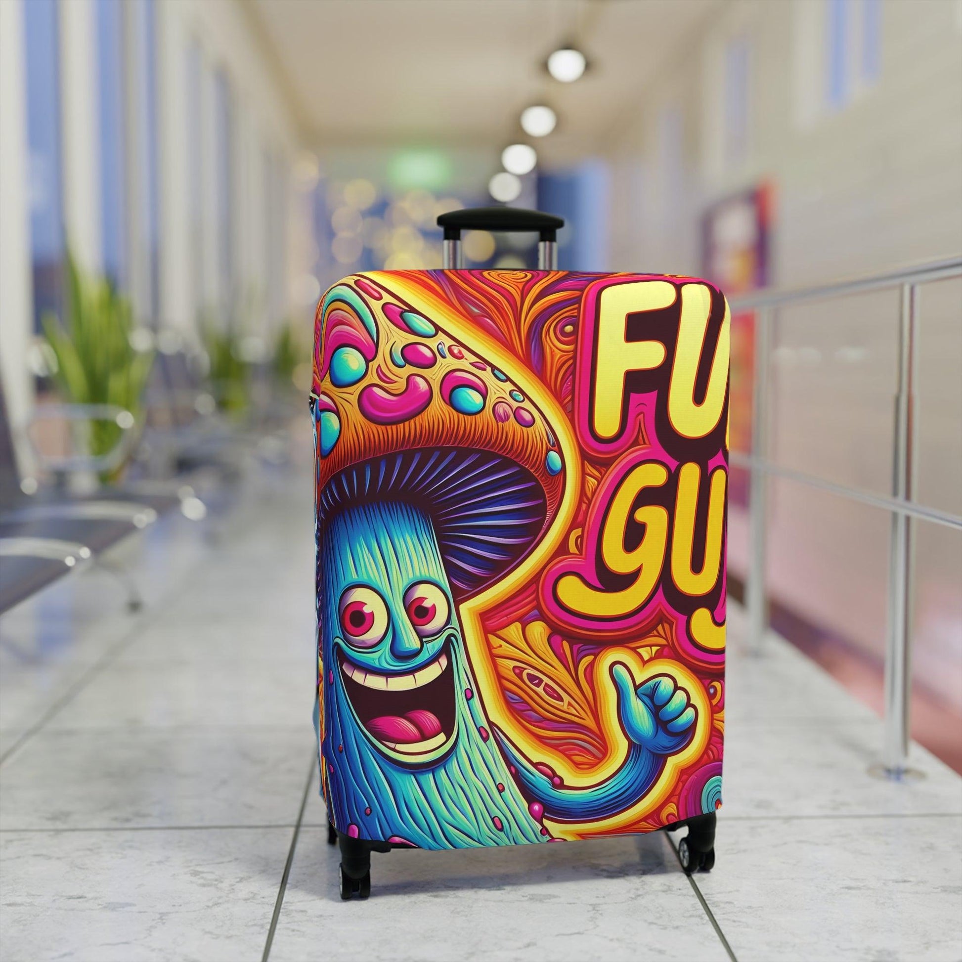 Trippy 'Fun Guy' Mushroom Suitcase Cover, Humorous Luggage Protector with Psychedelic Design - 21x14, 25x16, 28x20 - Shiitake Products