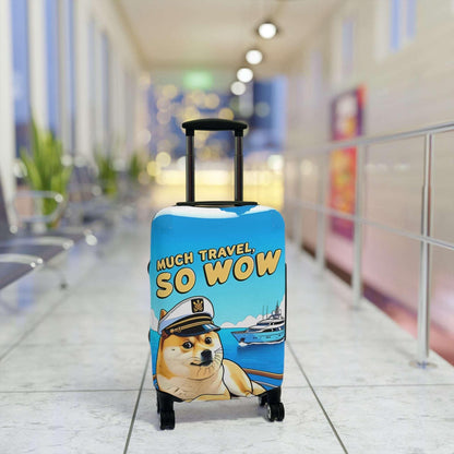 Dogecoin Inspired Stretch Suitcase Cover, Durable Luggage Protector, Meme Travel Accessory, Captain Doge Design, Cryptocurrency Gear