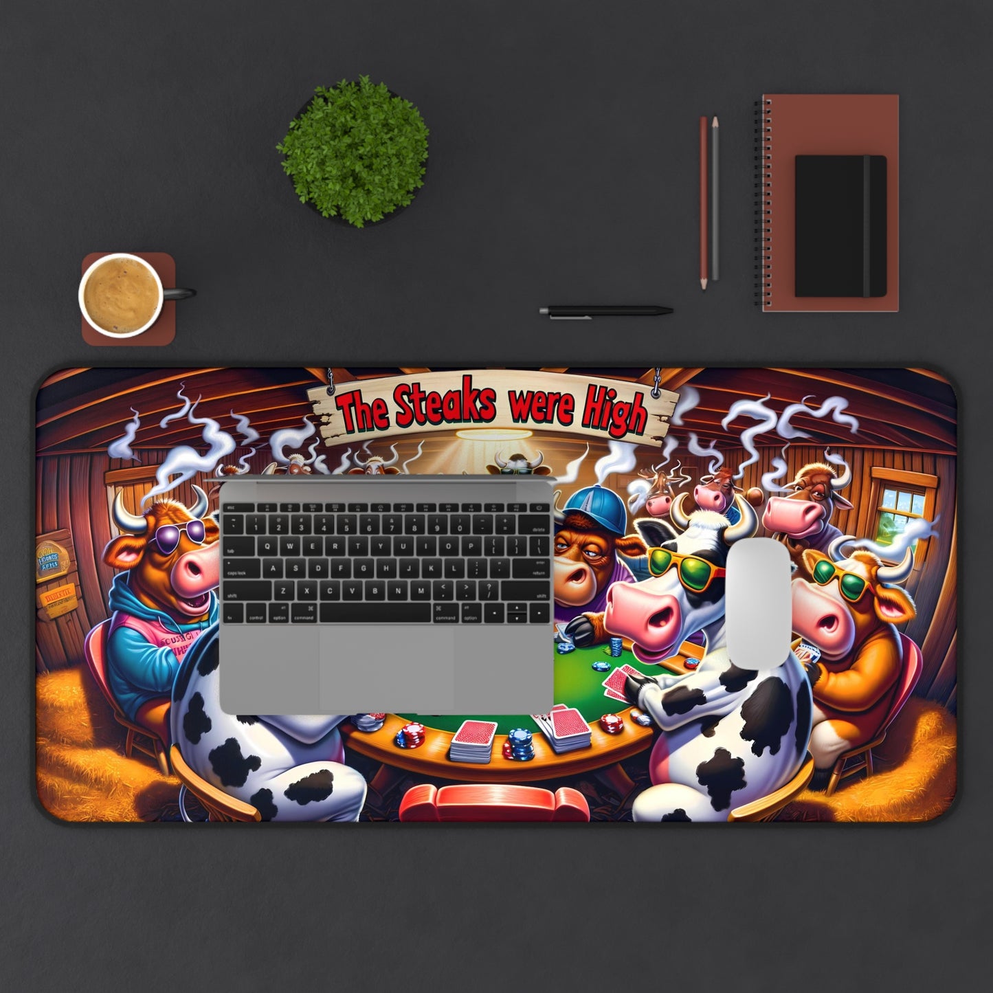 The Steaks Were High Fun Cow Poker Gaming Mat | Unique Desk Mat for Gamers | Large 31.5"x15.5" Mouse Pad for Office or Home