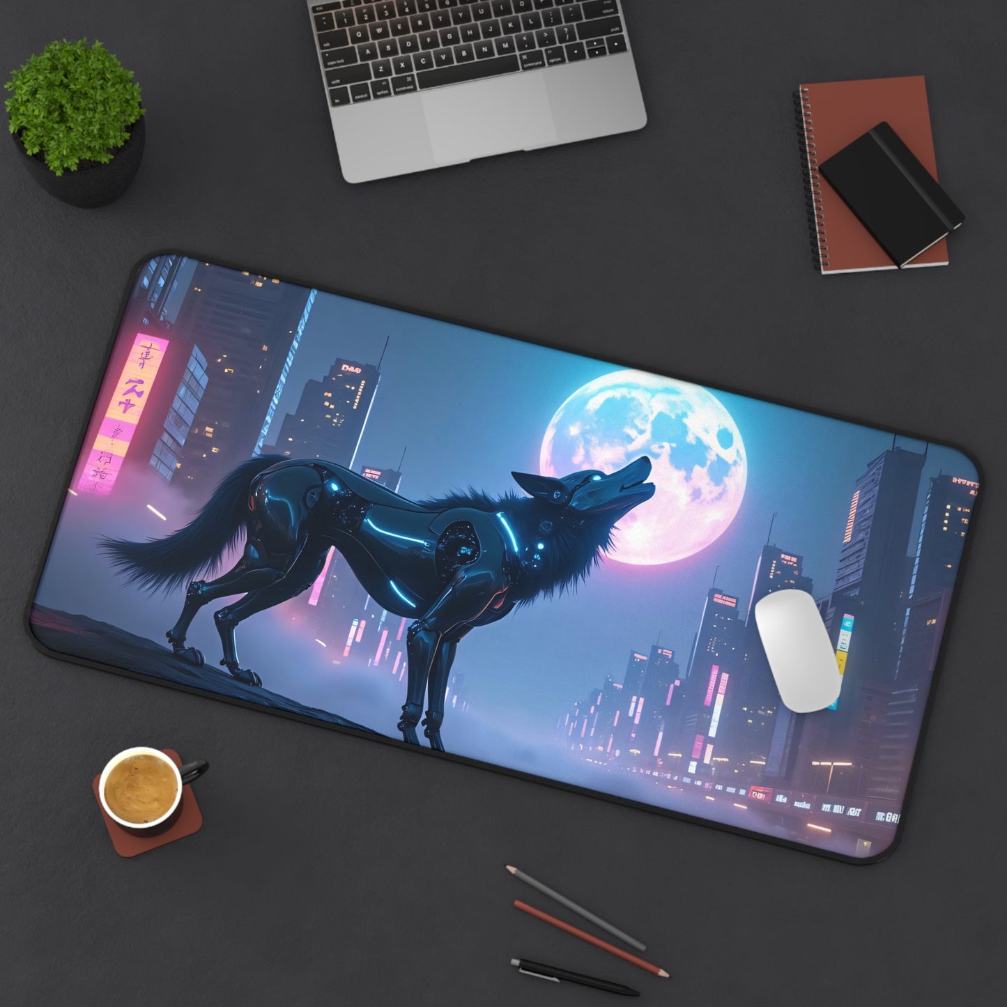 Desk Mat - Cyberpunk Wolf Howling at the Moon in a Cyberpunk City