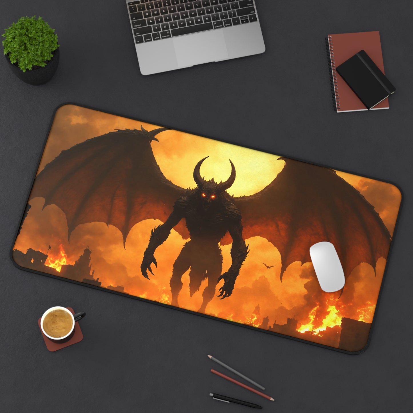 Desk Mat - Mythical Creature Winged Fantasy Villain Flames Burning Village, Office Desk Decor, Gaming Mouse Pad, Laptop Mat, Table Mat, Work