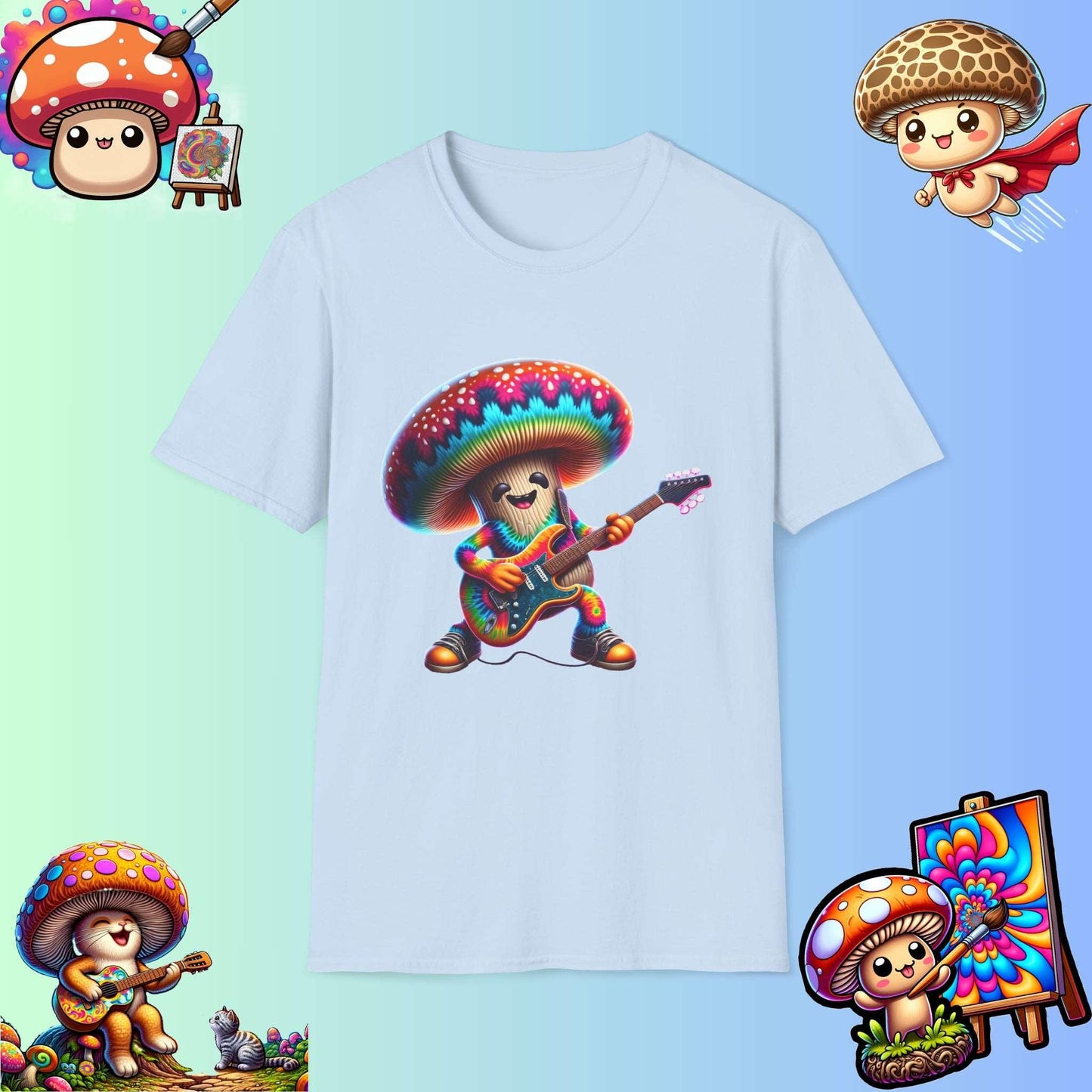 Psychedelic Guitarist Mushroom T-Shirt - Vibrant Music Festival & Concert Tee - Multiple Colors