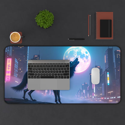 Desk Mat - Cyberpunk Wolf Howling at the Moon in a Cyberpunk City