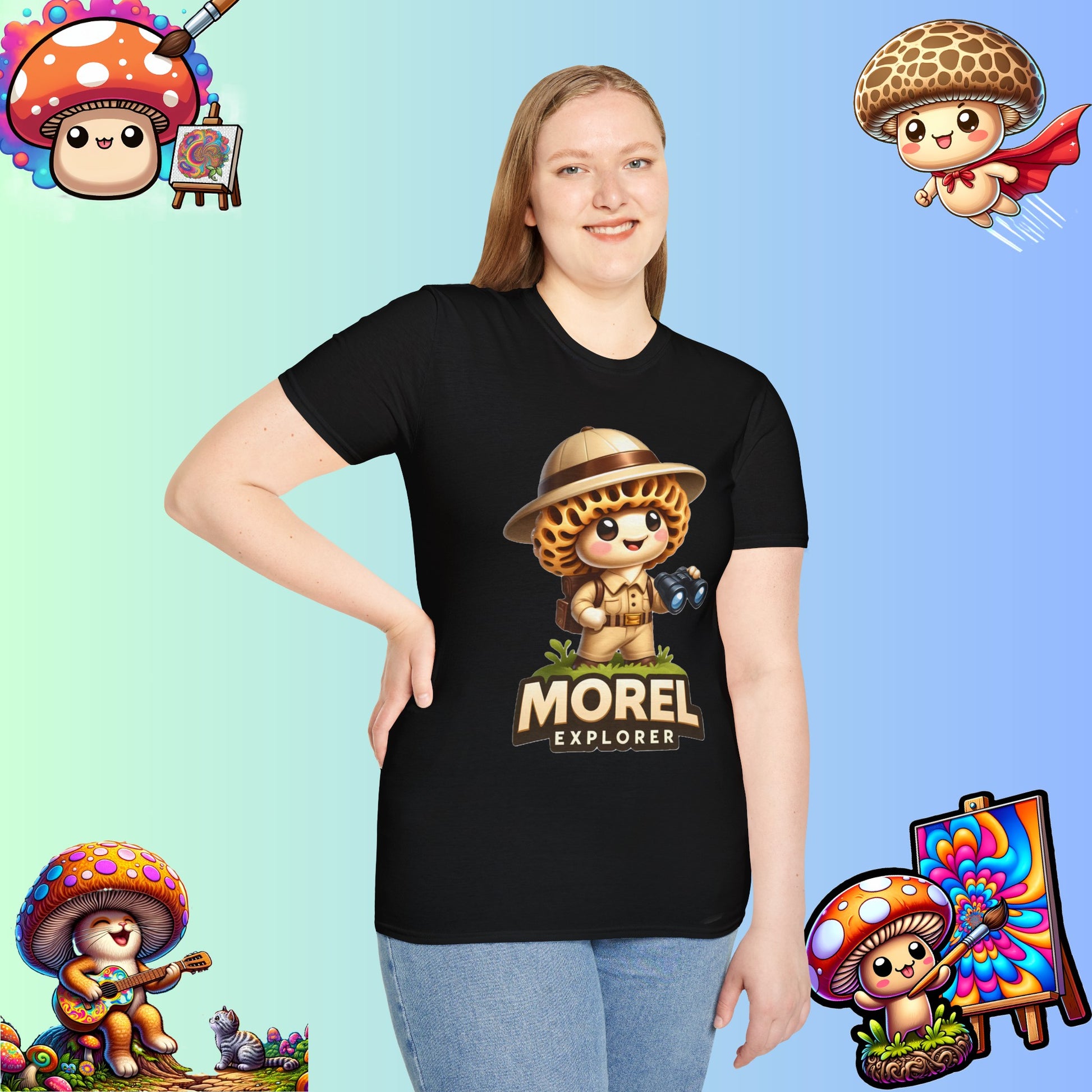 Shiitake Products,Adventurous Morel Explorer Shirt - Charming Illustrated Mushroom Character - Perfect for Nature Enthusiasts,T-Shirt