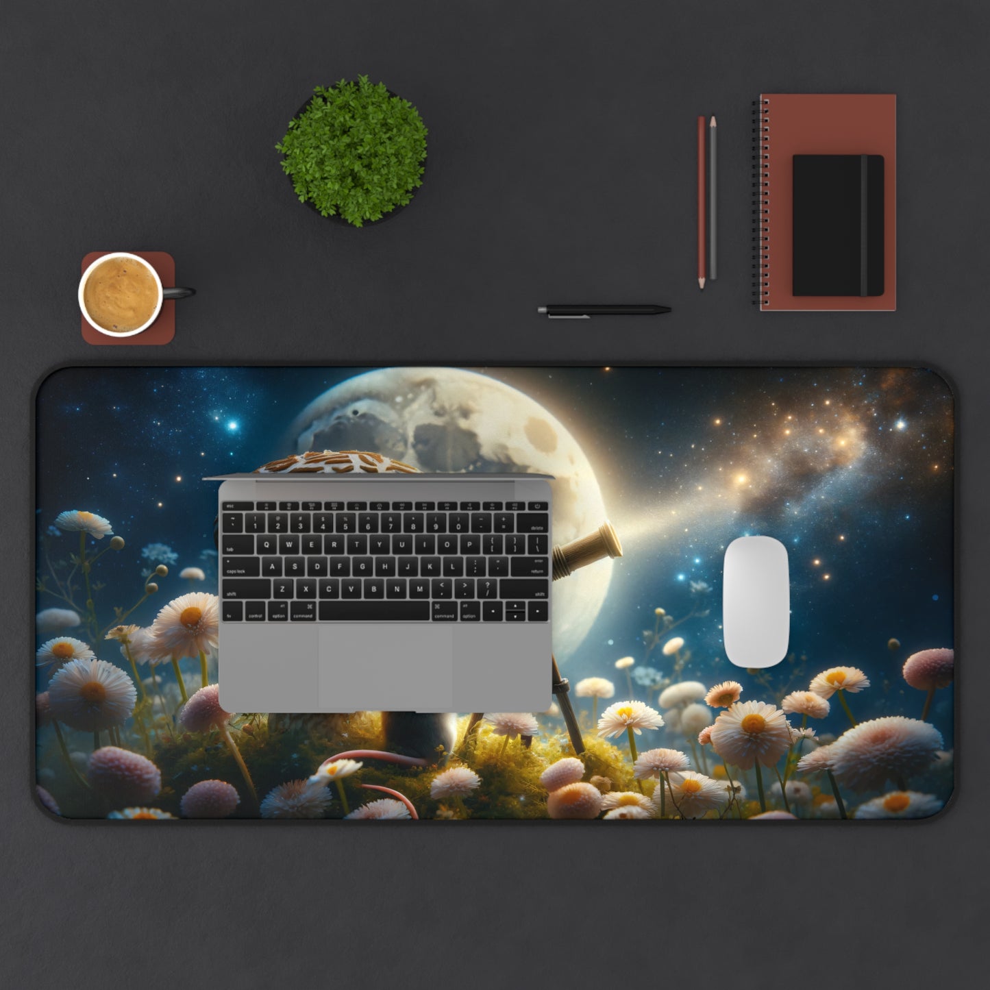 Cosmic Explorer Desk Mat - Large 31.5"x15.5" with Astronomical Mouse & Telescope Under Moonlight