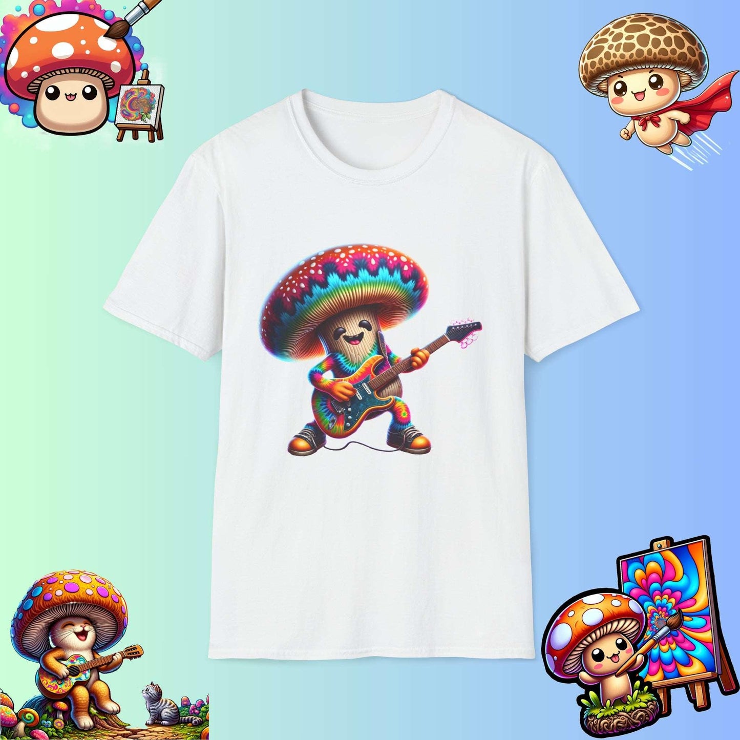 Psychedelic Guitarist Mushroom T-Shirt - Vibrant Music Festival & Concert Tee - Multiple Colors