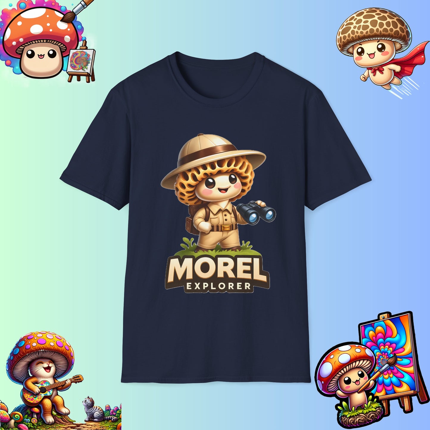 Shiitake Products,Adventurous Morel Explorer Shirt - Charming Illustrated Mushroom Character - Perfect for Nature Enthusiasts,T-Shirt