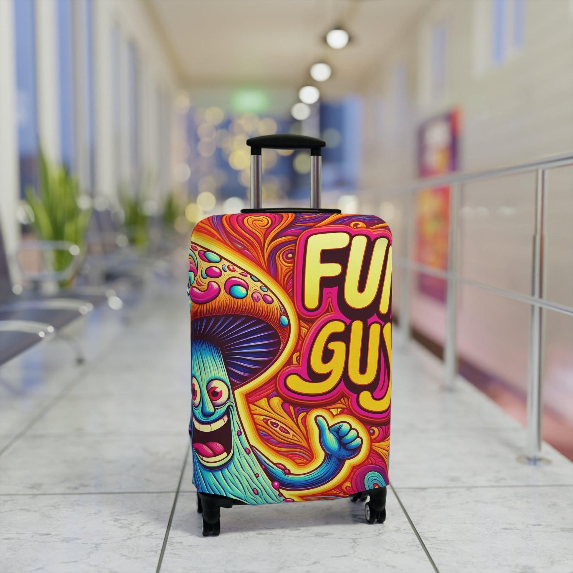 Trippy 'Fun Guy' Mushroom Suitcase Cover, Humorous Luggage Protector with Psychedelic Design - 21x14, 25x16, 28x20 - Shiitake Products