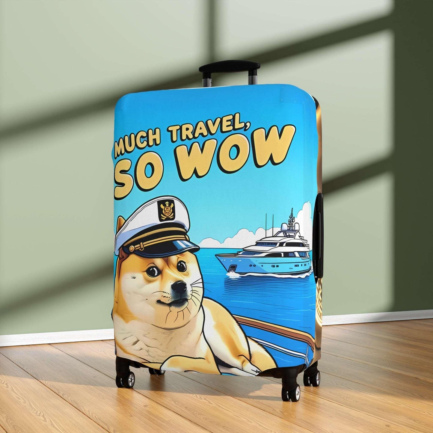 Dogecoin Inspired Stretch Suitcase Cover, Durable Luggage Protector, Meme Travel Accessory, Captain Doge Design, Cryptocurrency Gear