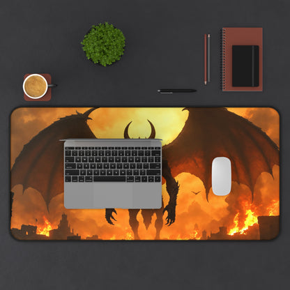 Desk Mat - Mythical Creature Winged Fantasy Villain Flames Burning Village, Office Desk Decor, Gaming Mouse Pad, Laptop Mat, Table Mat, Work