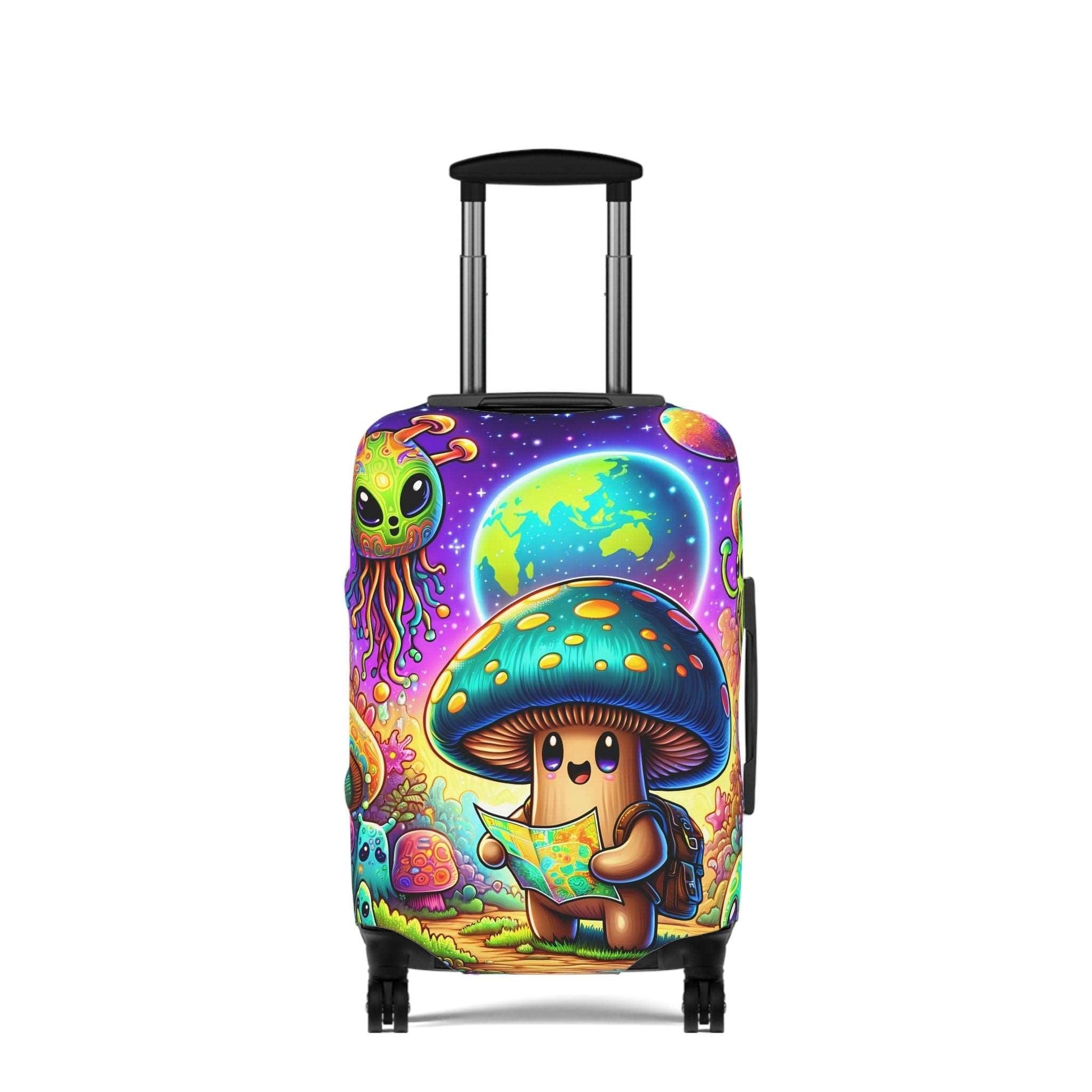 Suitcase COVER - Cute Mushroom with alien traveling in space - 21x14, 25x16, 28x20