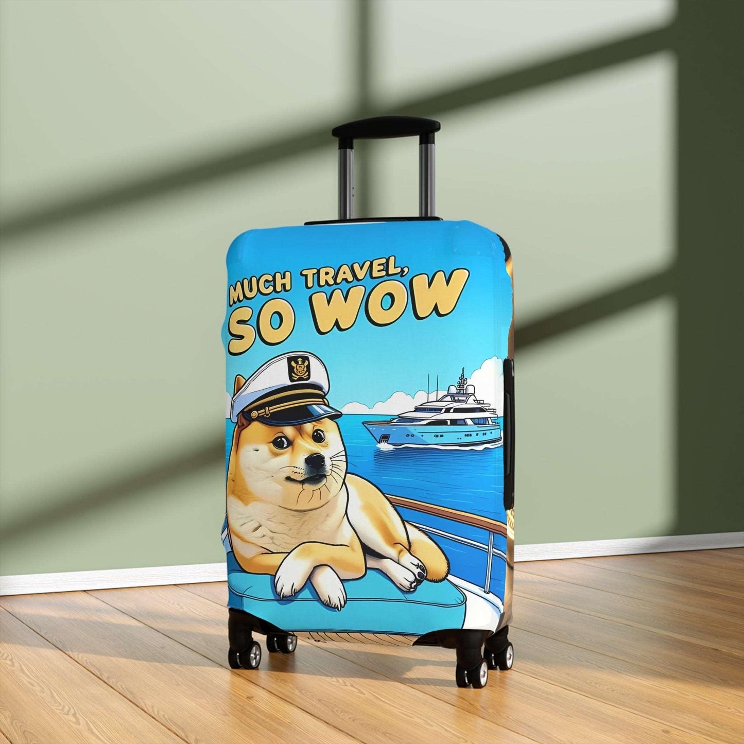 Dogecoin Inspired Stretch Suitcase Cover, Durable Luggage Protector, Meme Travel Accessory, Captain Doge Design, Cryptocurrency Gear