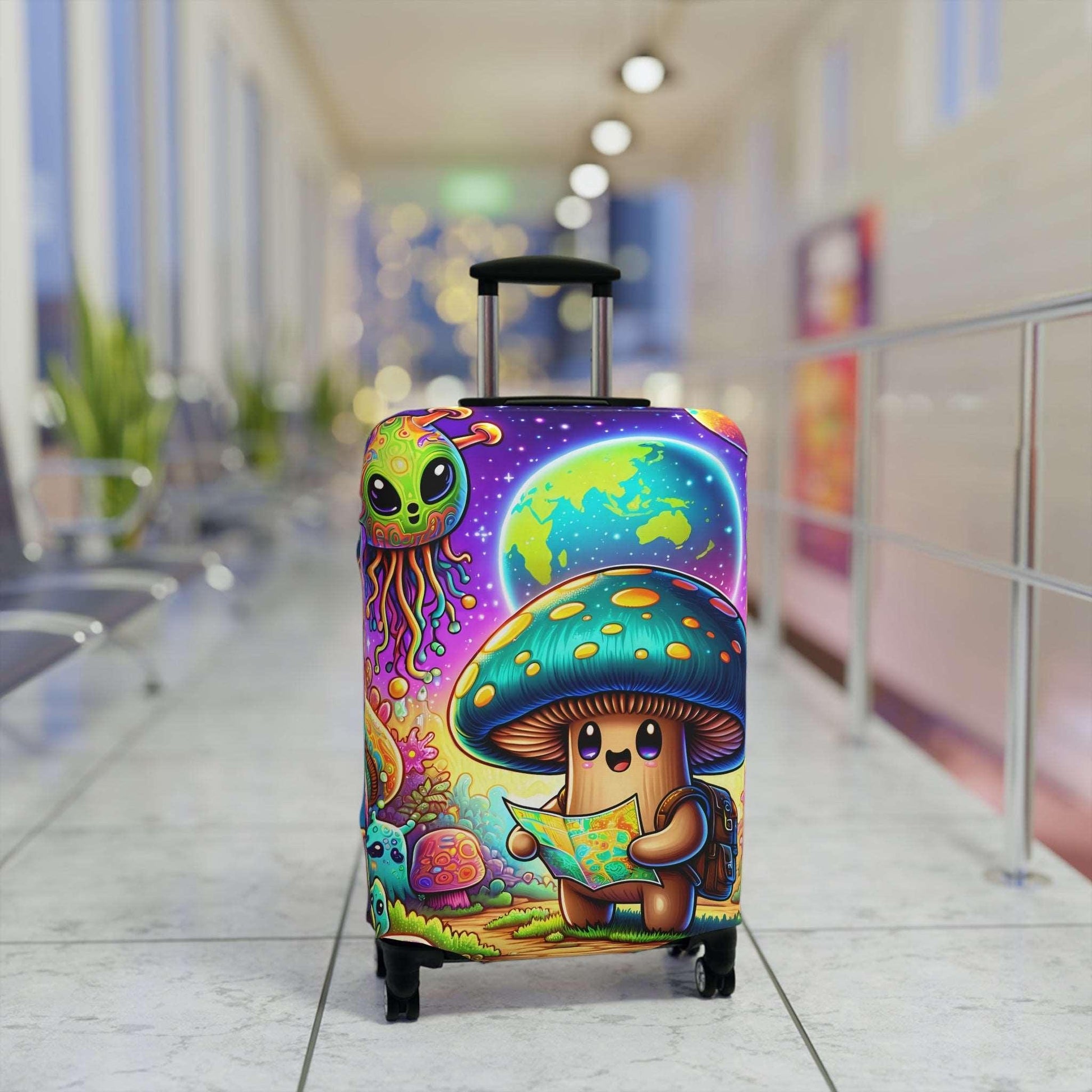 Suitcase COVER - Cute Mushroom with alien traveling in space - 21x14, 25x16, 28x20