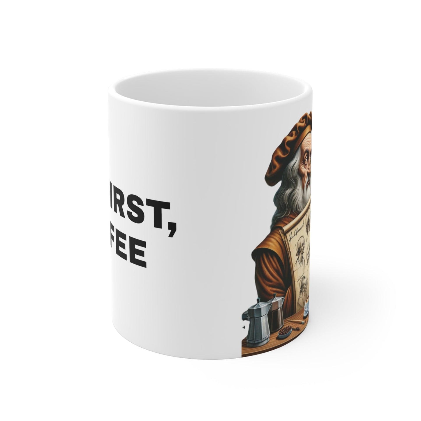 Renaissance Genius & Barista Art Coffee Mug, "But First, Coffee" Motto, Artistic Espresso Cup, Inventive Sketch Design, Unique Caffeine Fix - Shiitake Products