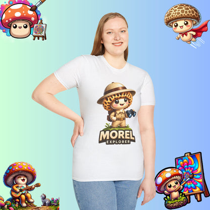 Shiitake Products,Adventurous Morel Explorer Shirt - Charming Illustrated Mushroom Character - Perfect for Nature Enthusiasts,T-Shirt