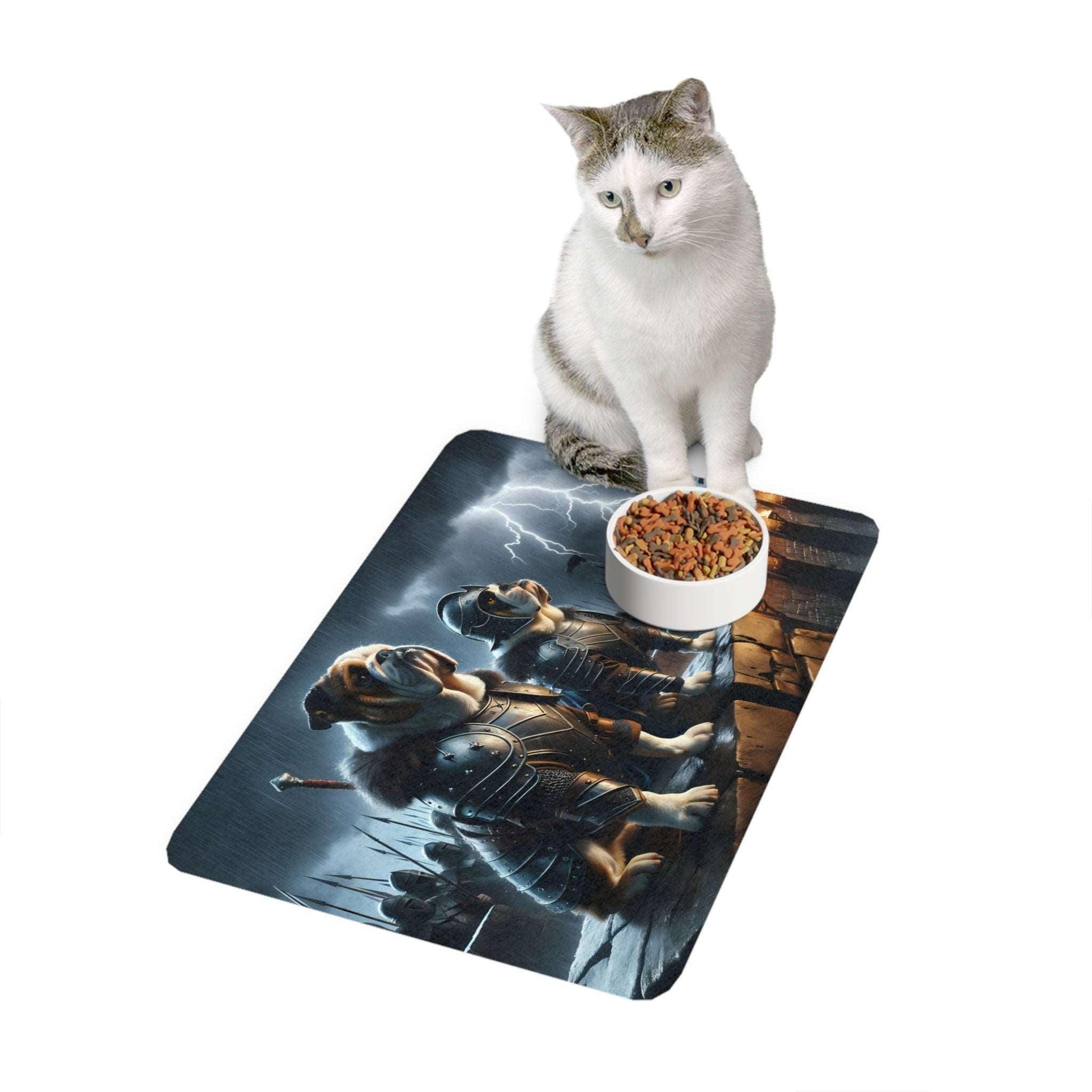 Guardians of the Grub: Bulldog Warriors Pet Food Mat (12x18)