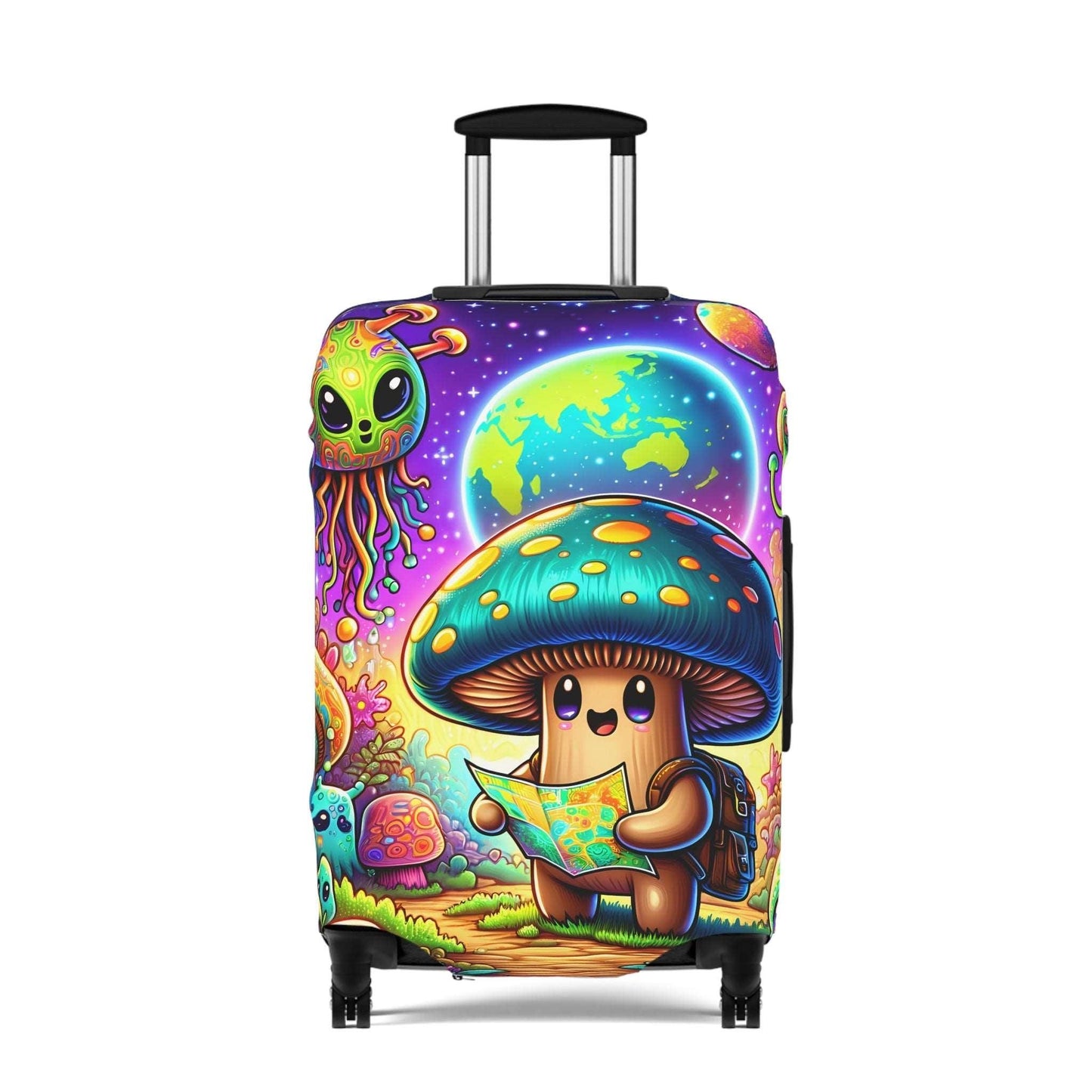 Suitcase COVER - Cute Mushroom with alien traveling in space - 21x14, 25x16, 28x20