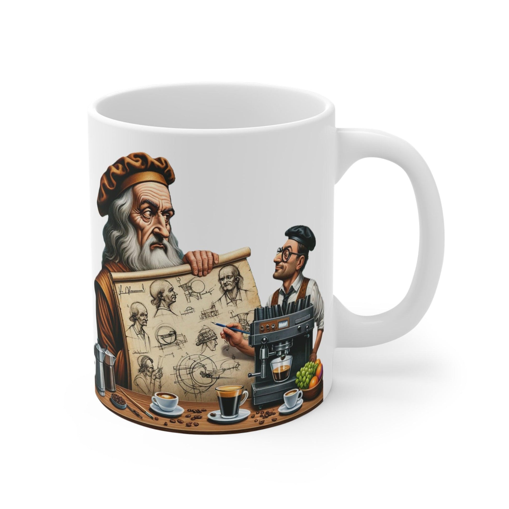 Renaissance Genius & Barista Art Coffee Mug, "But First, Coffee" Motto, Artistic Espresso Cup, Inventive Sketch Design, Unique Caffeine Fix - Shiitake Products