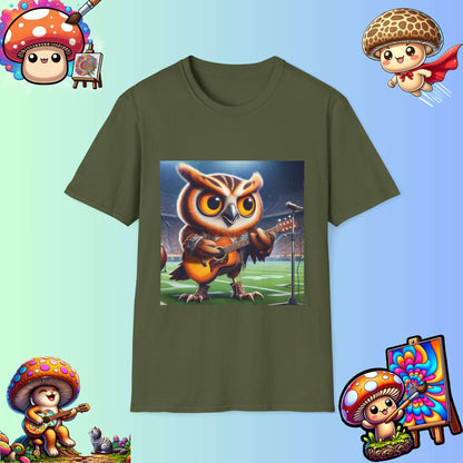 Owl playing the guitar - Show Stopper bird shirt - Meme Wear.