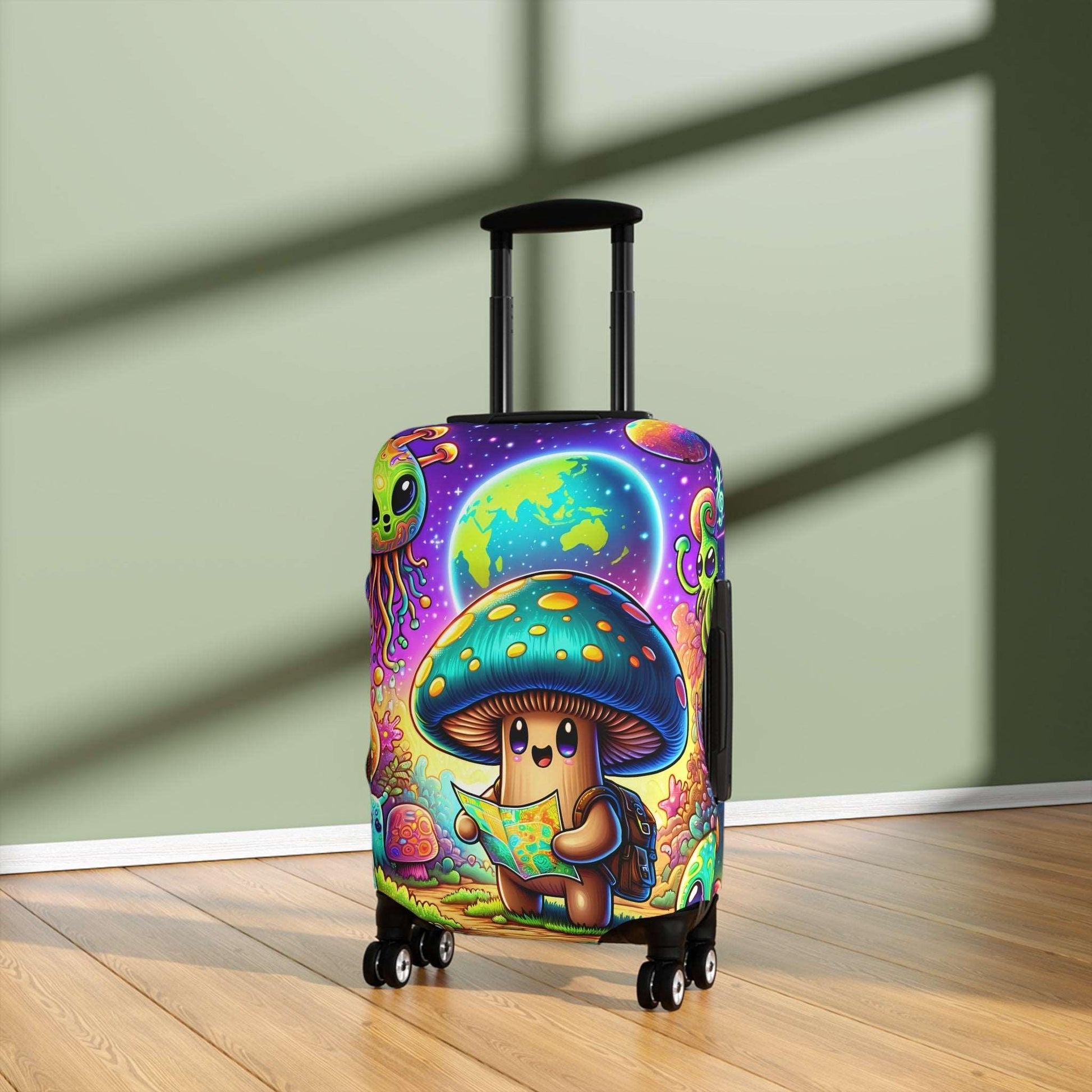 Suitcase COVER - Cute Mushroom with alien traveling in space - 21x14, 25x16, 28x20