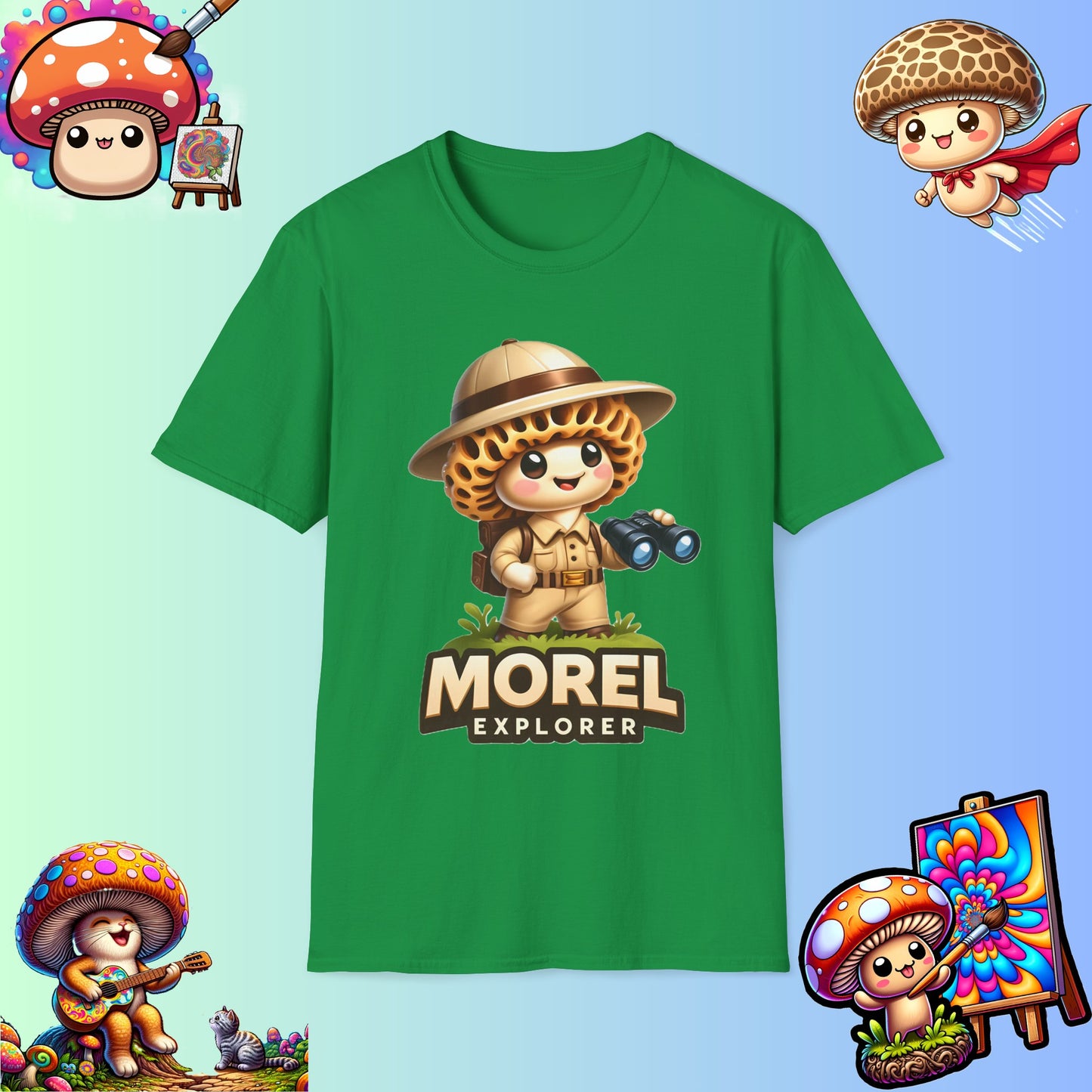 Shiitake Products,Adventurous Morel Explorer Shirt - Charming Illustrated Mushroom Character - Perfect for Nature Enthusiasts,T-Shirt