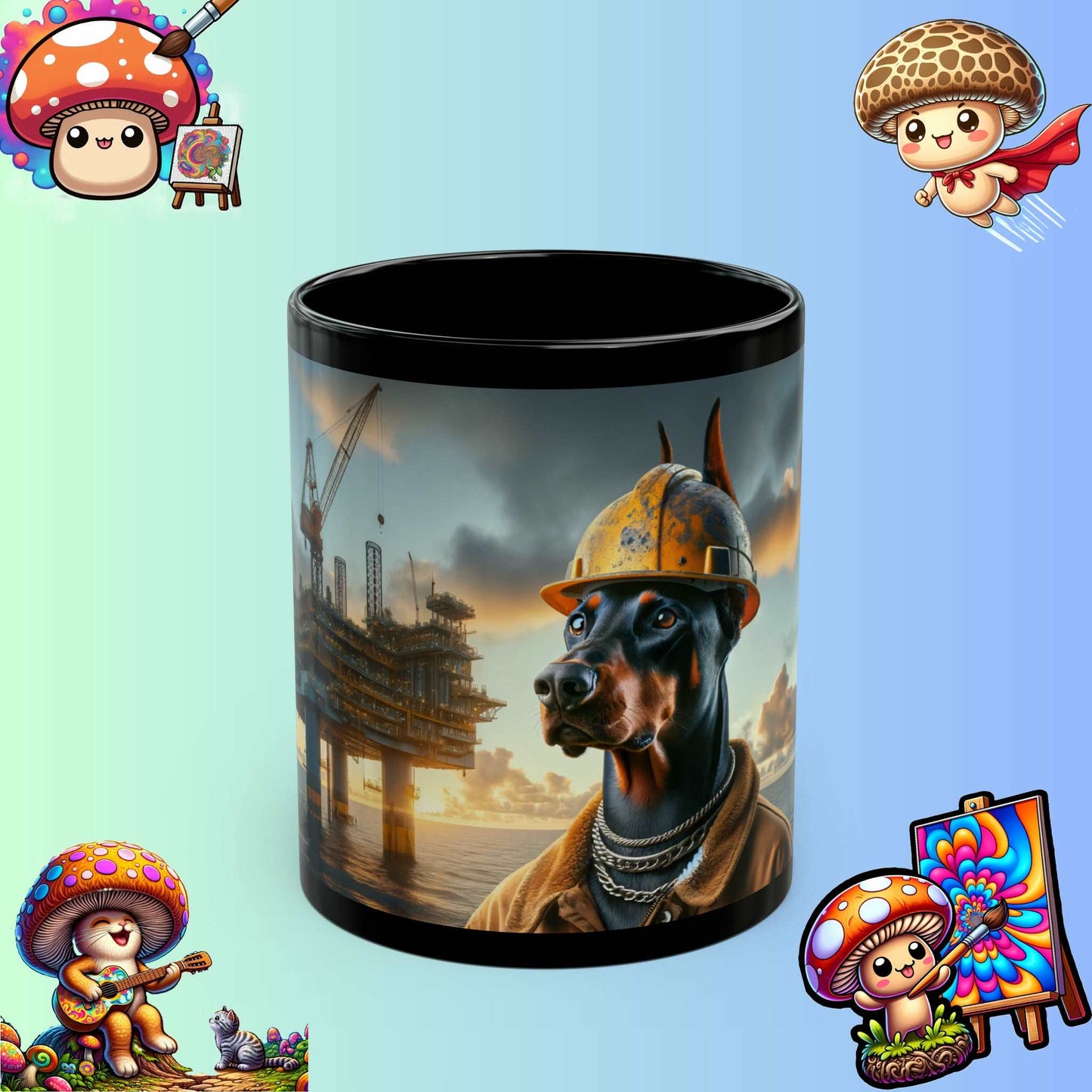 Offshore Driller Doberman Mug - Black 11 oz Ceramic Coffee Cup for Oil Rig Workers, Tough Dog-Themed Oilfield Mug