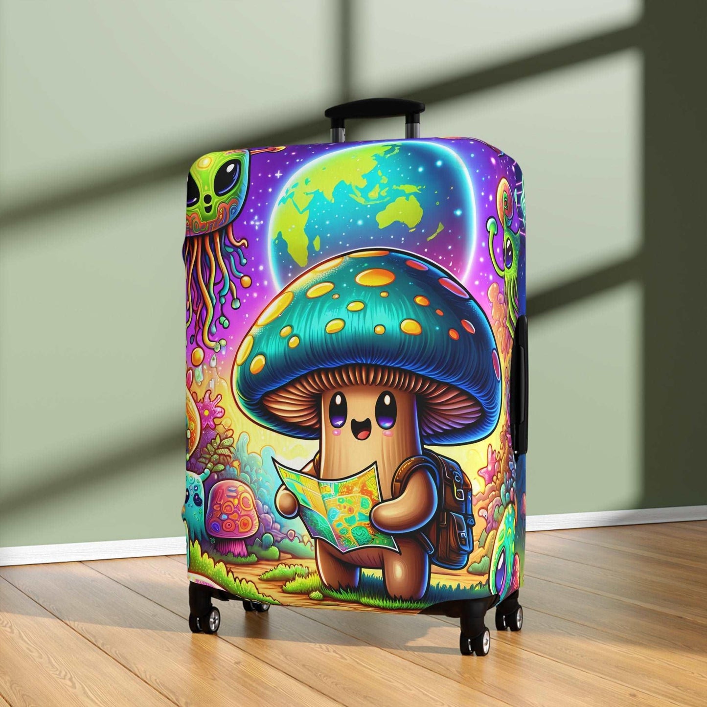 Suitcase COVER - Cute Mushroom with alien traveling in space - 21x14, 25x16, 28x20