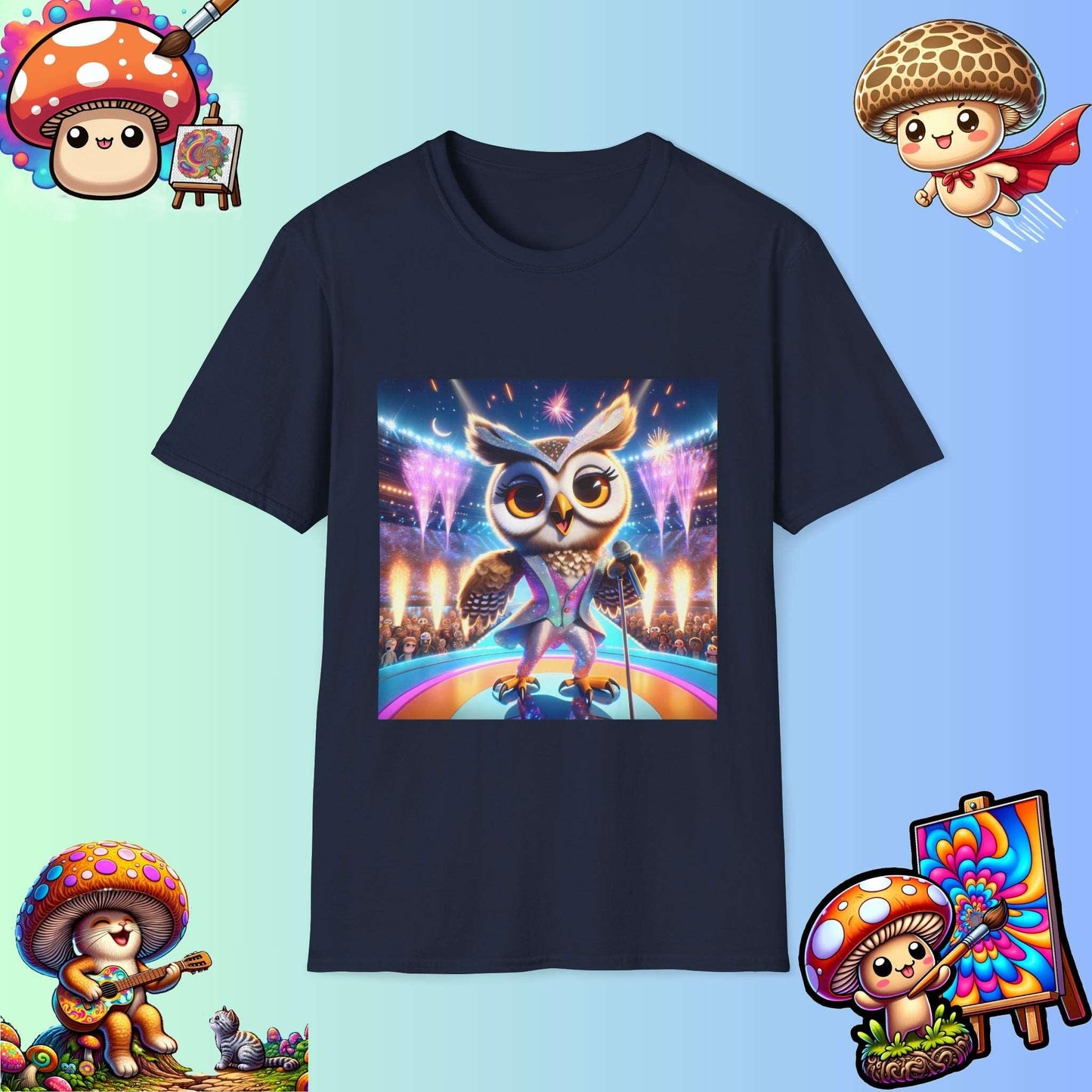 Super Star Owl - Owl singing on stage - Music concert tshirt