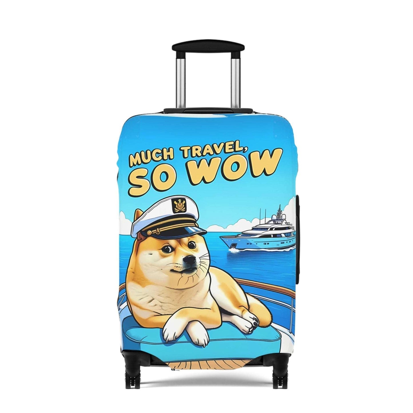 Dogecoin Inspired Stretch Suitcase Cover, Durable Luggage Protector, Meme Travel Accessory, Captain Doge Design, Cryptocurrency Gear