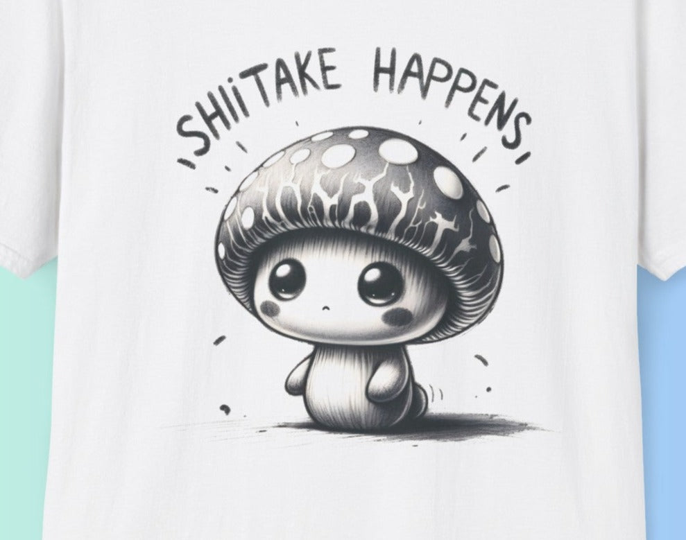 Cute Shiitake Happens Mushroom Shirt - Black and White Fungi Graphic Tee, Playful Pun Shirt, Soft Cotton Unisex Top