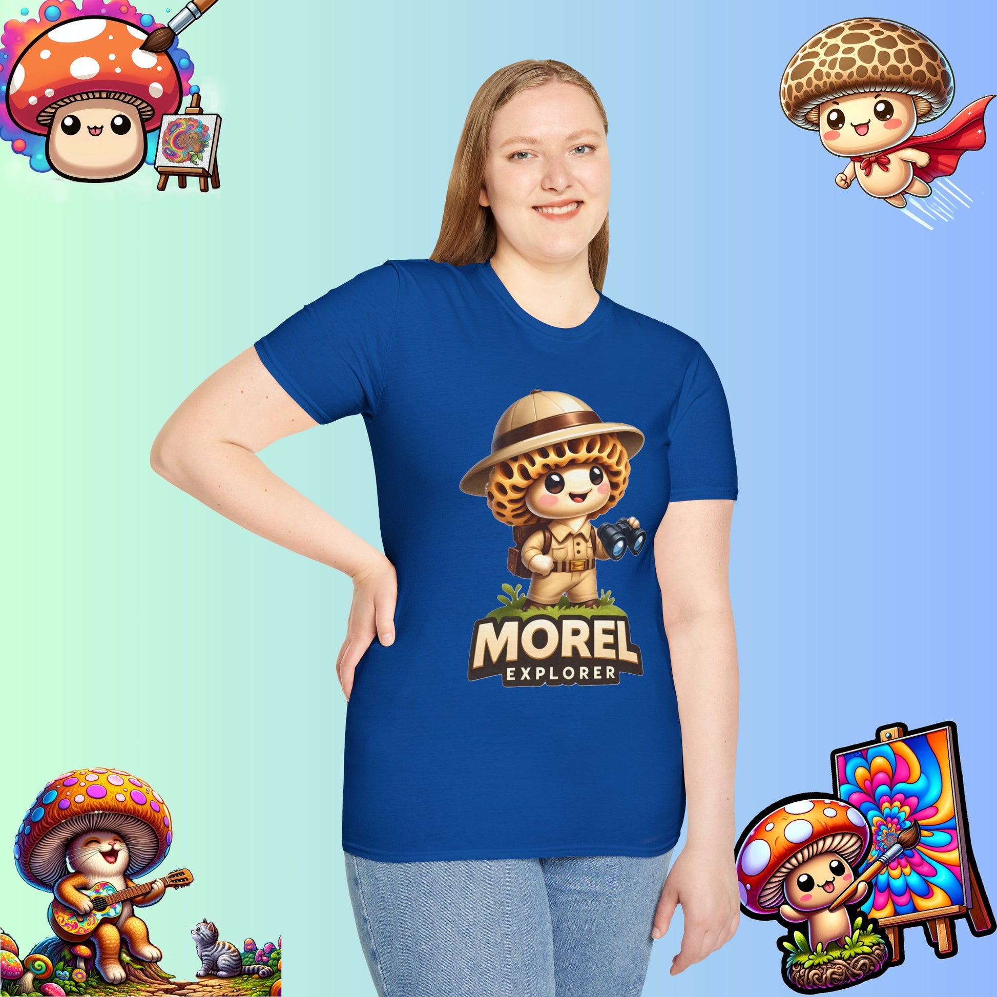 Shiitake Products,Adventurous Morel Explorer Shirt - Charming Illustrated Mushroom Character - Perfect for Nature Enthusiasts,T-Shirt