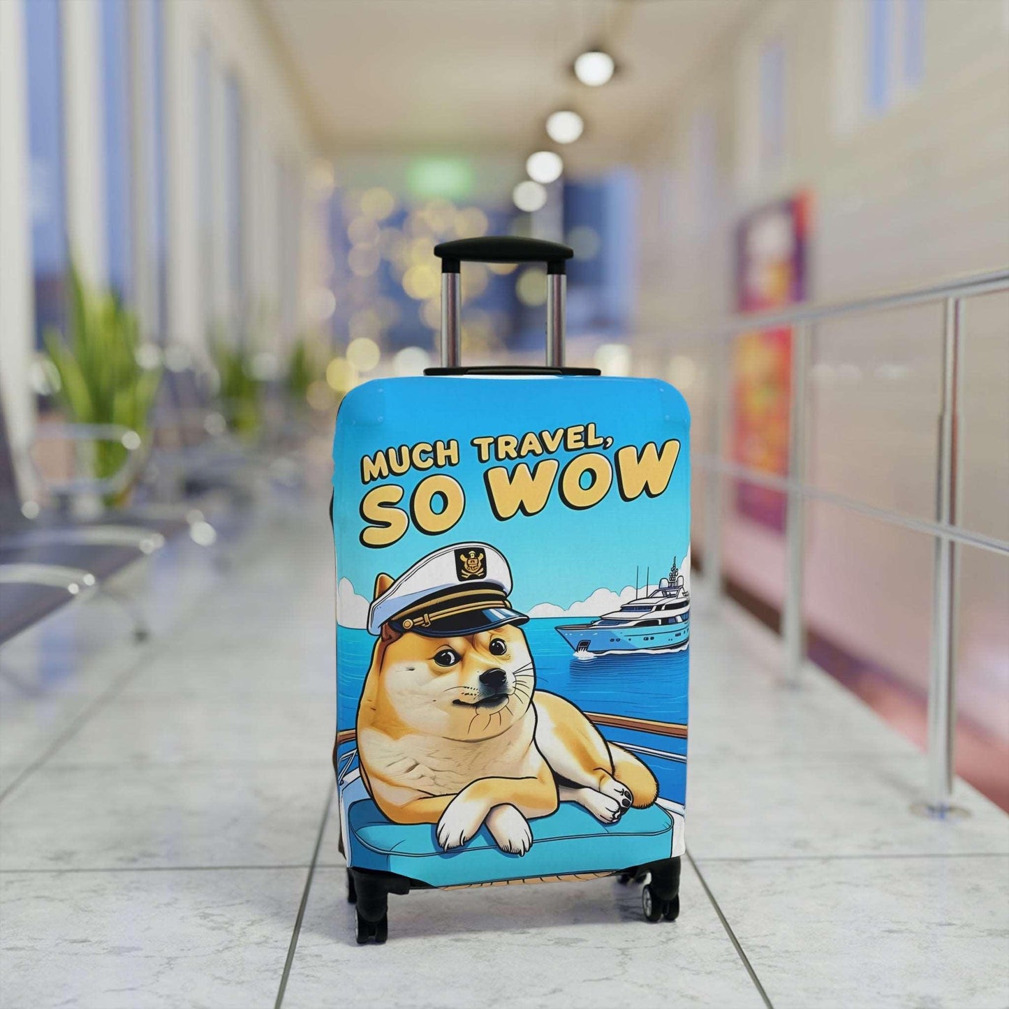 Dogecoin Inspired Stretch Suitcase Cover, Durable Luggage Protector, Meme Travel Accessory, Captain Doge Design, Cryptocurrency Gear