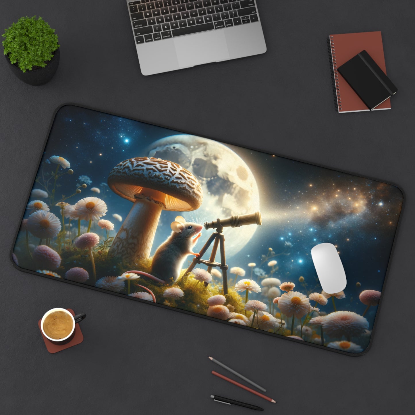 Cosmic Explorer Desk Mat - Large 31.5"x15.5" with Astronomical Mouse & Telescope Under Moonlight