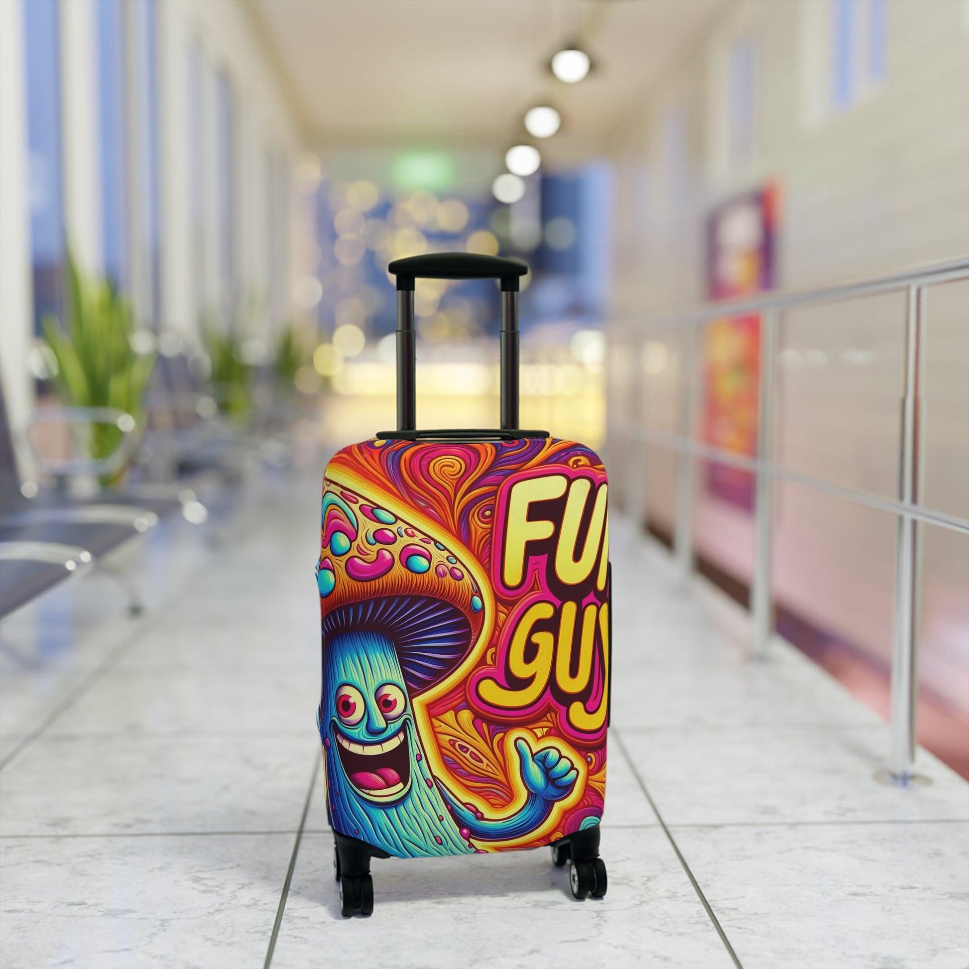 Trippy 'Fun Guy' Mushroom Suitcase Cover, Humorous Luggage Protector with Psychedelic Design - 21x14, 25x16, 28x20 - Shiitake Products