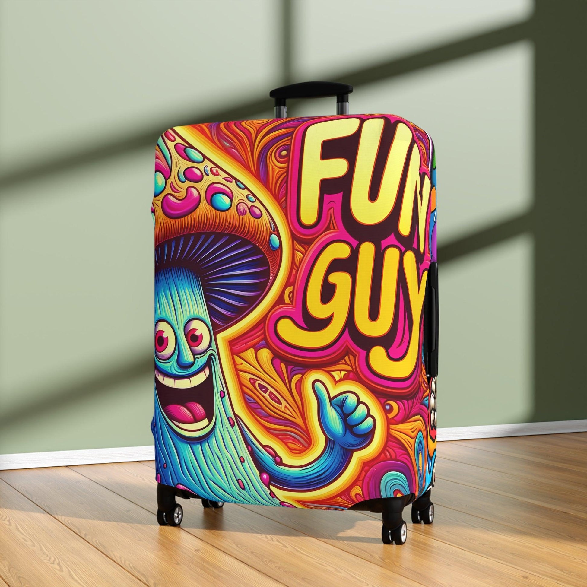 Trippy 'Fun Guy' Mushroom Suitcase Cover, Humorous Luggage Protector with Psychedelic Design - 21x14, 25x16, 28x20 - Shiitake Products