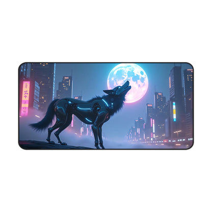 Desk Mat - Cyberpunk Wolf Howling at the Moon in a Cyberpunk City