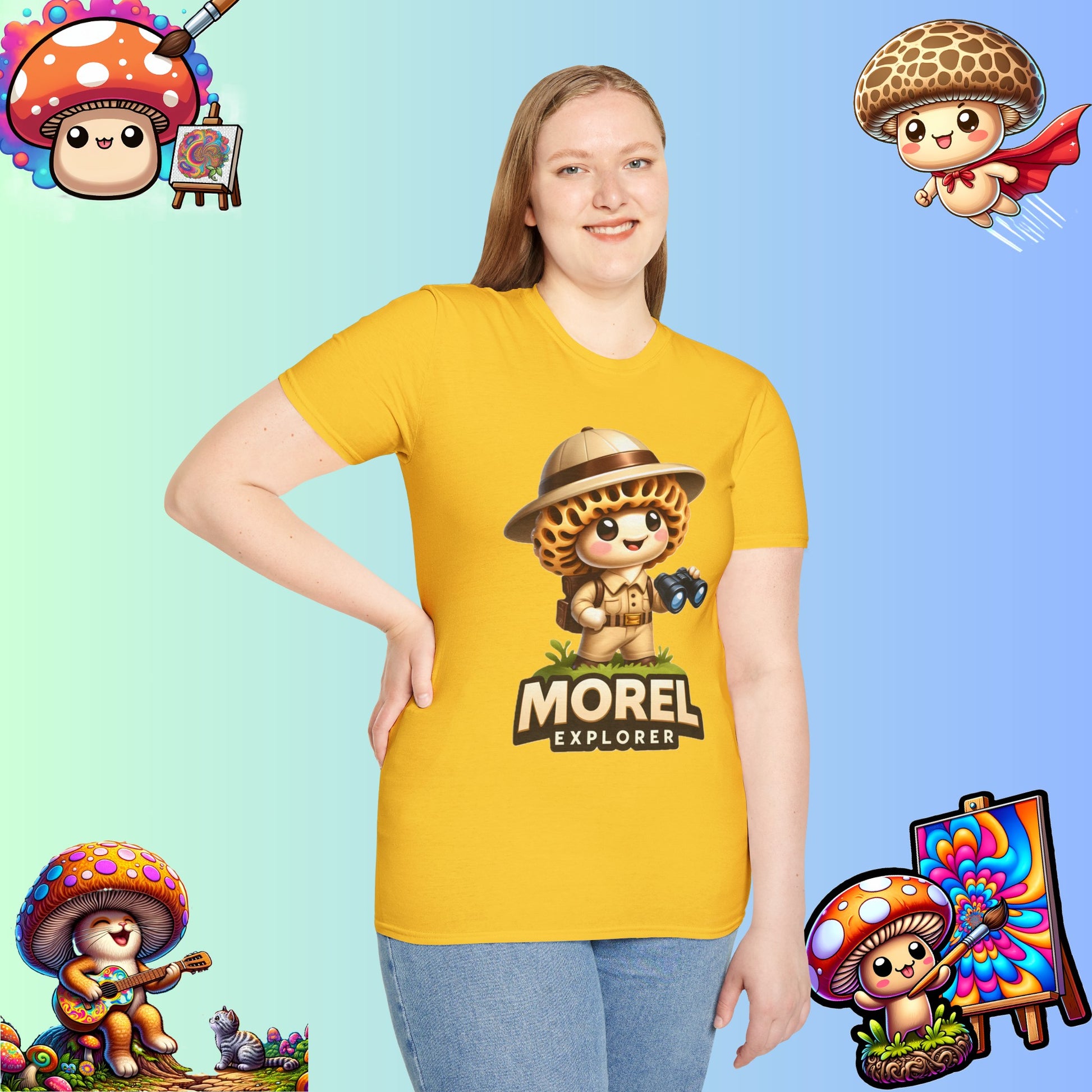 Shiitake Products,Adventurous Morel Explorer Shirt - Charming Illustrated Mushroom Character - Perfect for Nature Enthusiasts,T-Shirt