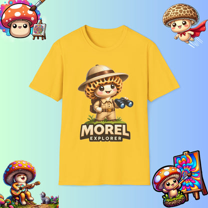 Shiitake Products,Adventurous Morel Explorer Shirt - Charming Illustrated Mushroom Character - Perfect for Nature Enthusiasts,T-Shirt