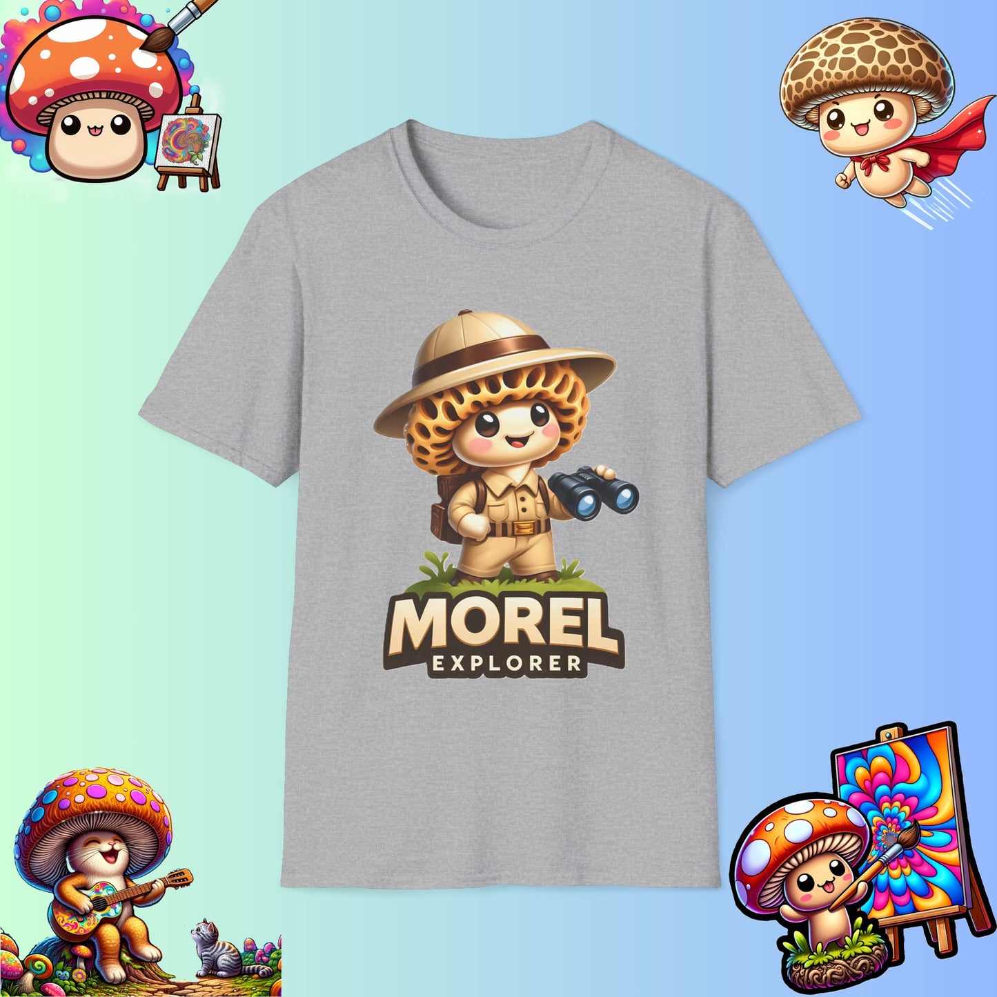 Shiitake Products,Adventurous Morel Explorer Shirt - Charming Illustrated Mushroom Character - Perfect for Nature Enthusiasts,T-Shirt