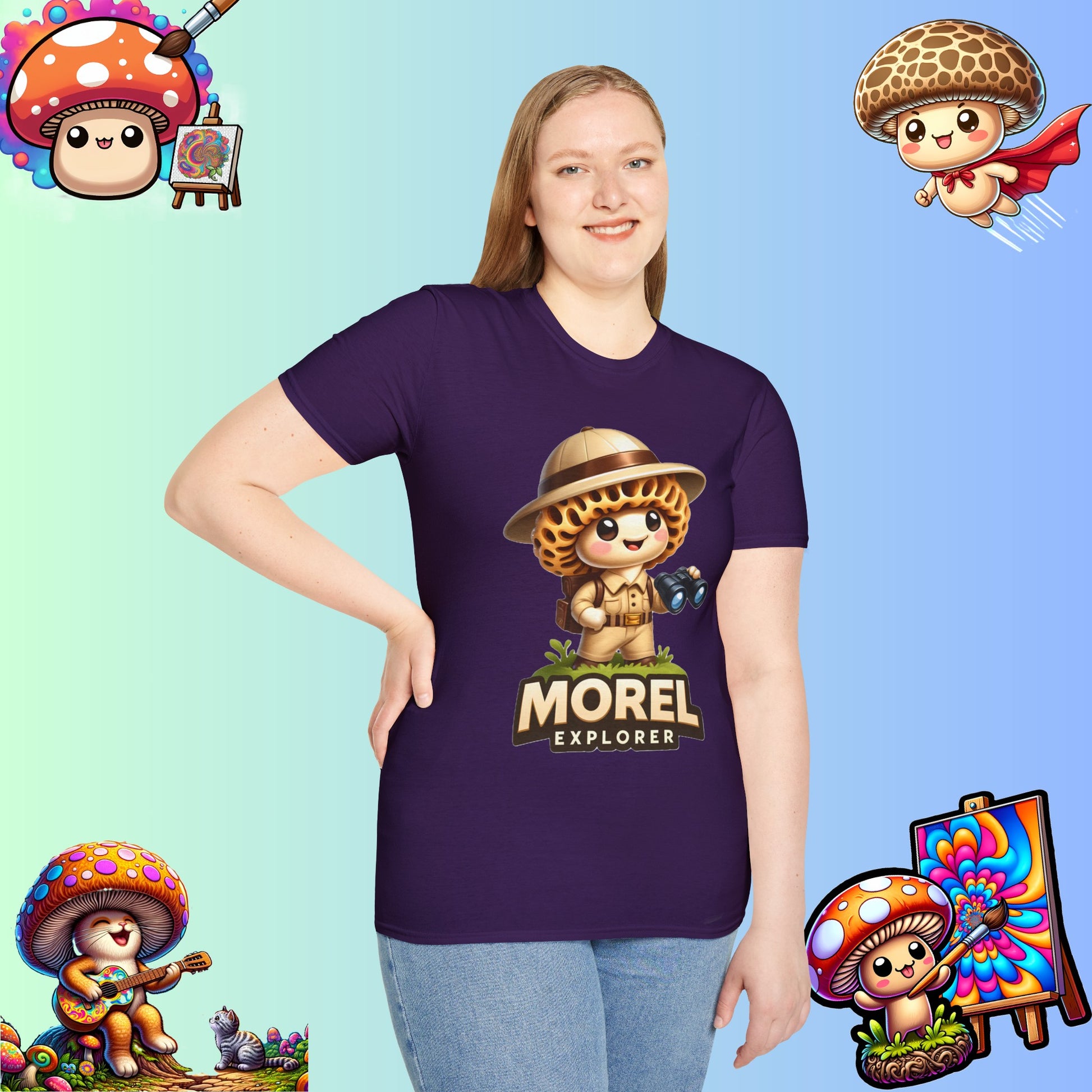 Shiitake Products,Adventurous Morel Explorer Shirt - Charming Illustrated Mushroom Character - Perfect for Nature Enthusiasts,T-Shirt