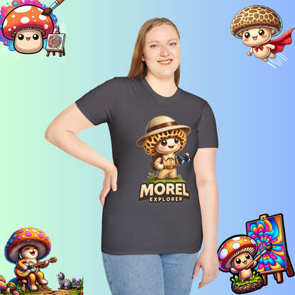 Shiitake Products,Adventurous Morel Explorer Shirt - Charming Illustrated Mushroom Character - Perfect for Nature Enthusiasts,T-Shirt