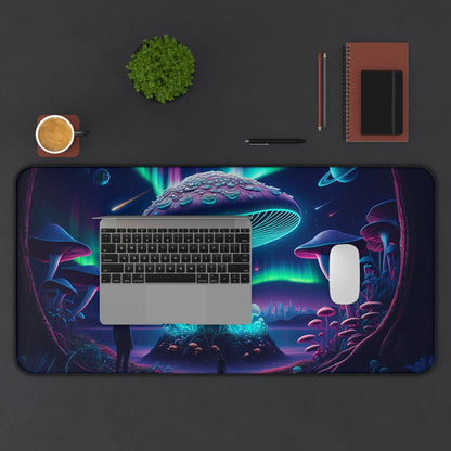 Cosmic Mushroom Forest Desk Mat - Vibrant Aurora Alien Landscape- 31.5x15.5 Inch Neoprene Gaming and Office Mat