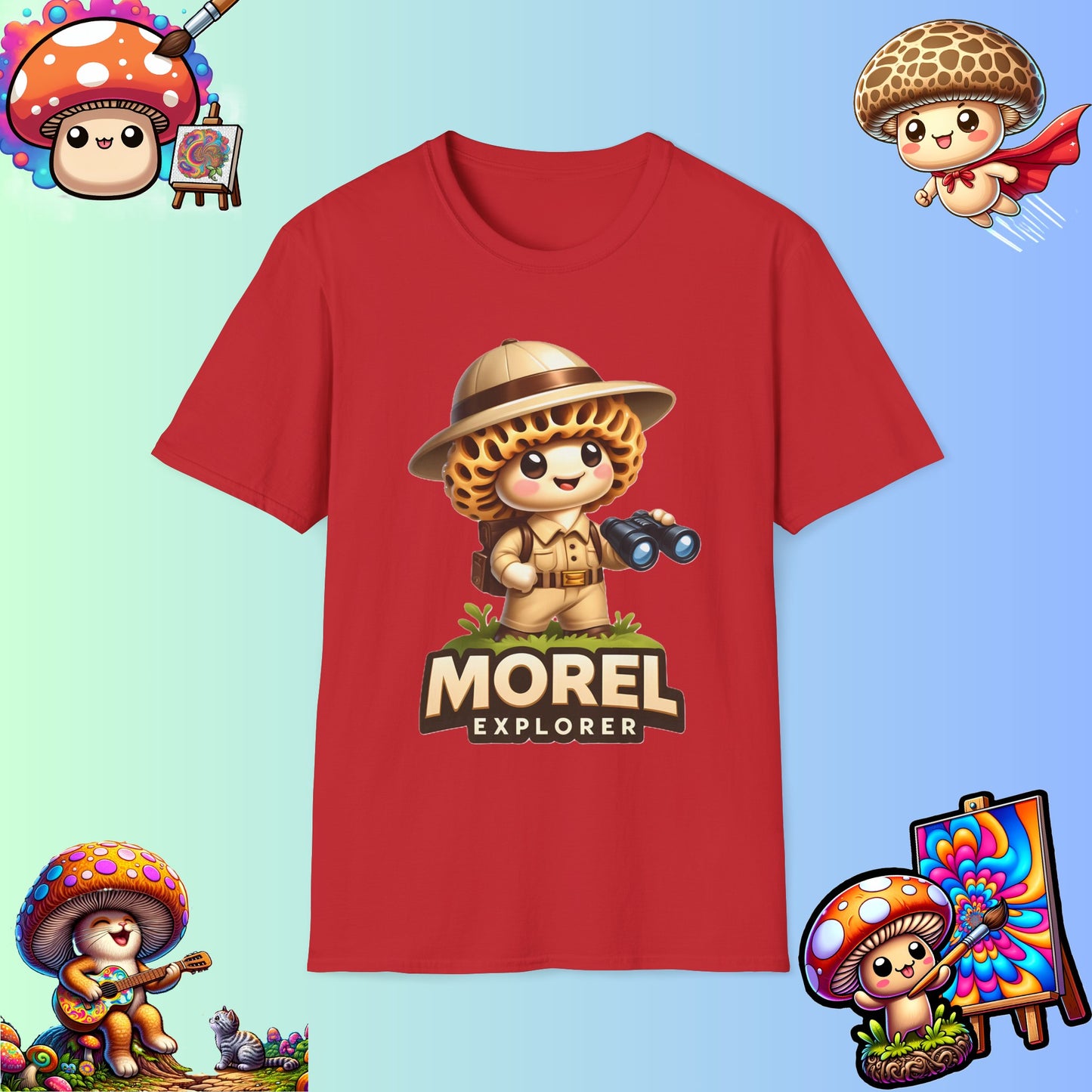 Shiitake Products,Adventurous Morel Explorer Shirt - Charming Illustrated Mushroom Character - Perfect for Nature Enthusiasts,T-Shirt