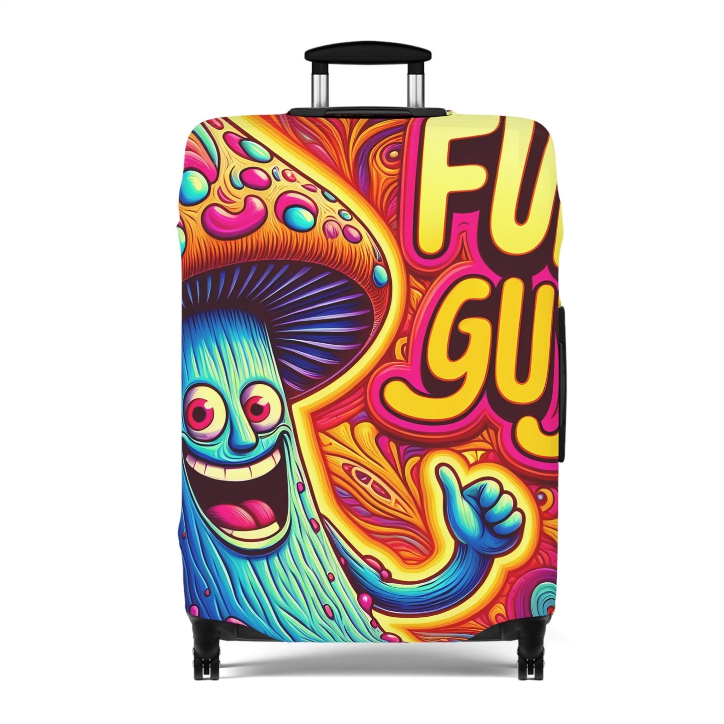 Trippy 'Fun Guy' Mushroom Suitcase Cover, Humorous Luggage Protector with Psychedelic Design - 21x14, 25x16, 28x20 - Shiitake Products