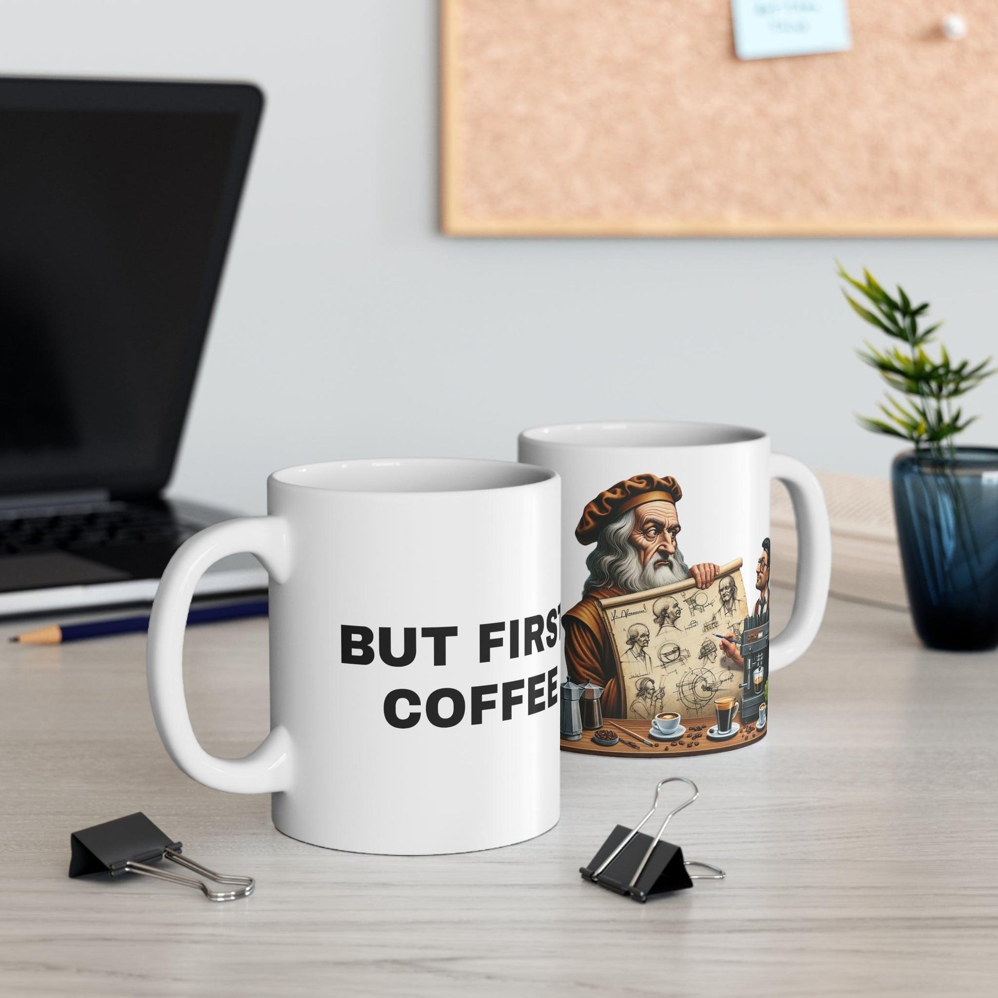 Renaissance Genius & Barista Art Coffee Mug, "But First, Coffee" Motto, Artistic Espresso Cup, Inventive Sketch Design, Unique Caffeine Fix - Shiitake Products