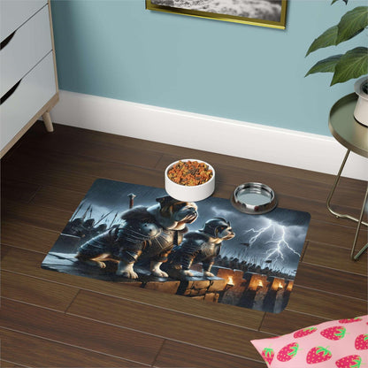 Guardians of the Grub: Bulldog Warriors Pet Food Mat (12x18)