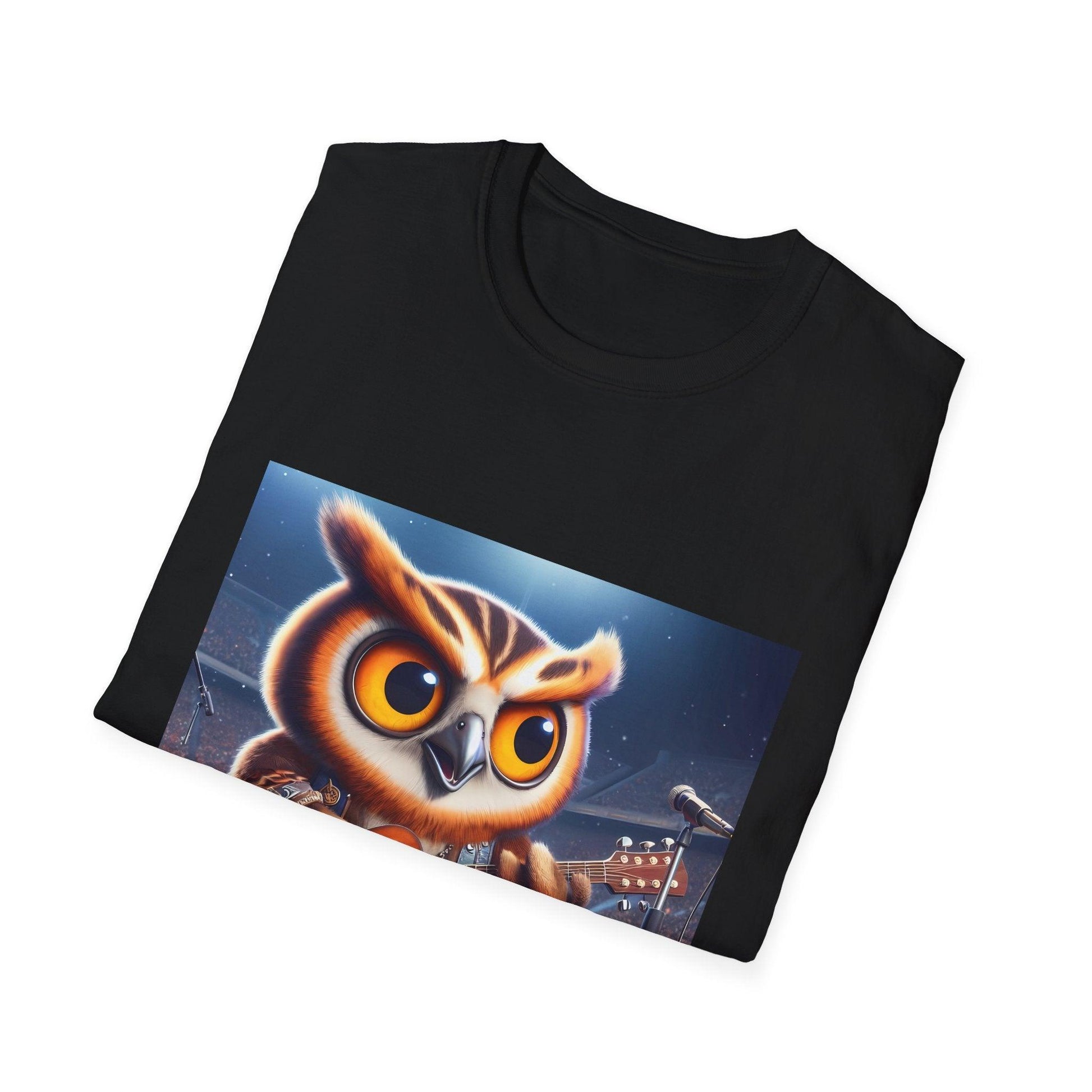 Owl playing the guitar - Show Stopper bird shirt - Meme Wear. - Shiitake Products