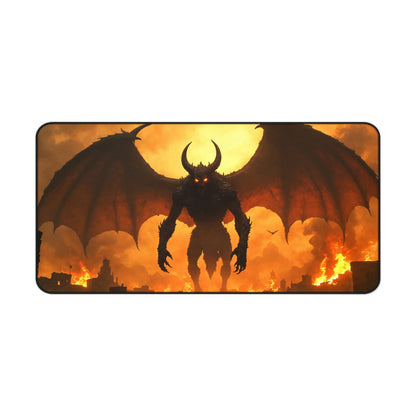 Desk Mat - Mythical Creature Winged Fantasy Villain Flames Burning Village, Office Desk Decor, Gaming Mouse Pad, Laptop Mat, Table Mat, Work